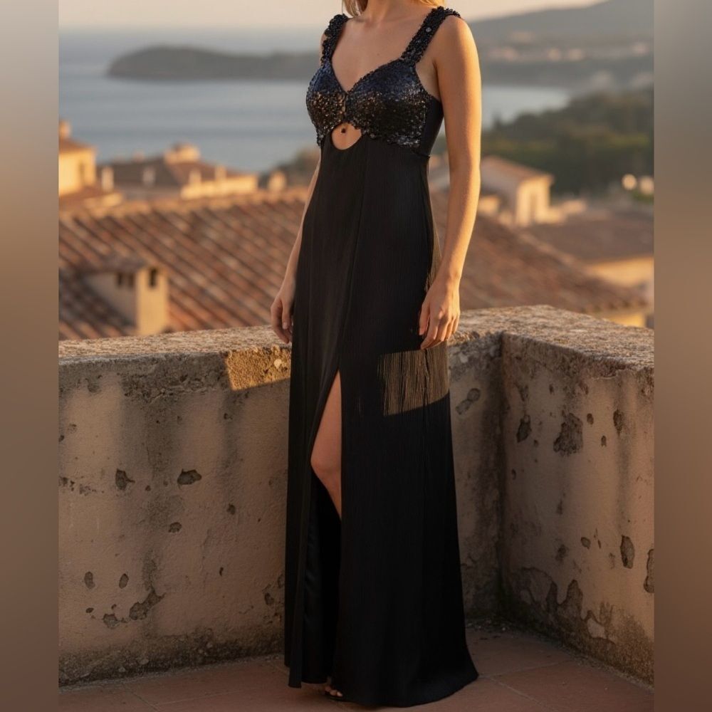Vintage 80s Flirtations Beaded Sequin Evening Gown Dress Black